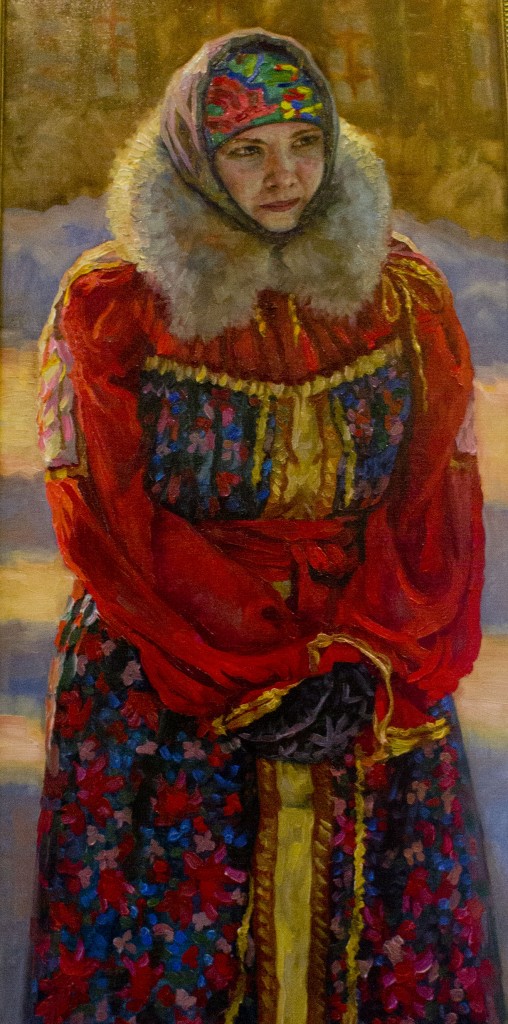 холст, масло. На картине изображена девушка в русском национальном костюме зимой.
